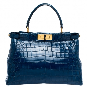 Pre Owned Fendi Blue Crocodile Medium Peekaboo Top Handle Bag