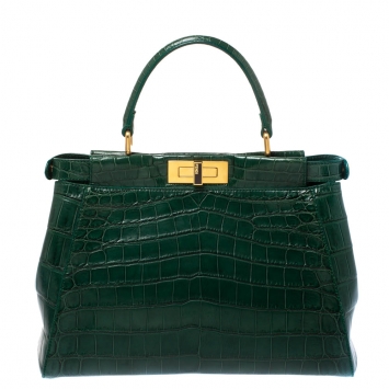 Pre Owned Fendi Green Crocodile Medium Peekaboo Top Handle Bag