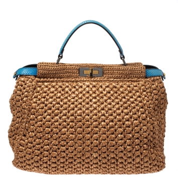 Pre Owned Fendi Light Brown/Blue Rafia and Snakeskin Trim Large Peekaboo Top Handle Bag