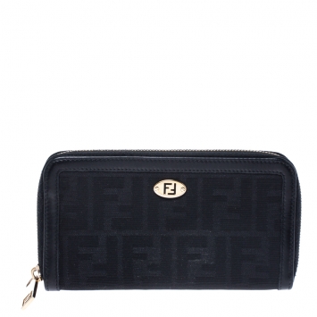 Pre Owned Fendi Black Zucca  Canvas and Leather Zip Around Continental Wallet