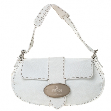 Pre Owned Fendi White Selleria Leather Baguette Bag