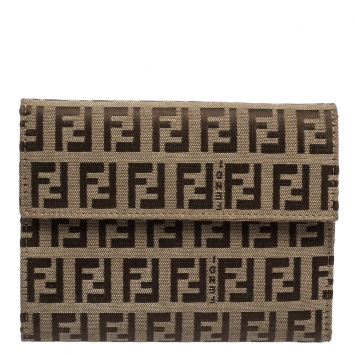 Pre Owned Fendi Beige Zucchino Canvas Trifold Compact Wallet