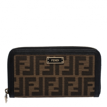 Pre Owned Fendi Brown/Black Zucca Canvas and Leather Zip Around Wallet