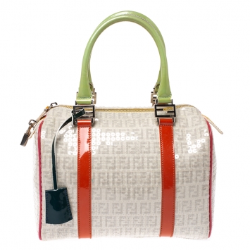 مملوكة مسبقًا Fendi Multicolor Zucchino Coated Canvas/Sequins and Patent Leather Small Forever Bauletto Boston Bag