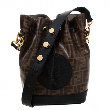 Pre Owned Fendi Brown/Black Zucca Coated Canvas and Leather Mon Tresor Bucket Bag