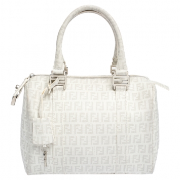 مملوكة مسبقًا Fendi White Zucchino Coated Canvas Small Forever Bauletto Boston Bag