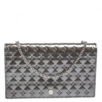 Pre Owned Fendi Metallic Grey Patent Leather Fendilicious Wallet on Chain
