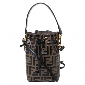 Pre Owned Fendi Brown/Black Zucca Leather Mini Mon Tresor Drawstring Bucket Bag