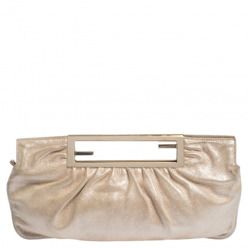 Pre Owned Fendi Metallic Beige Leather Cutout Handle Clutch