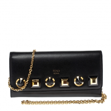 Pre Owned Fendi Black Leather Studded Wallet On Chain