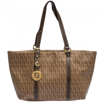 Pre Owned Fendi Brown Zucchino Coated Canvas and Leather Superstar Shopper Tote