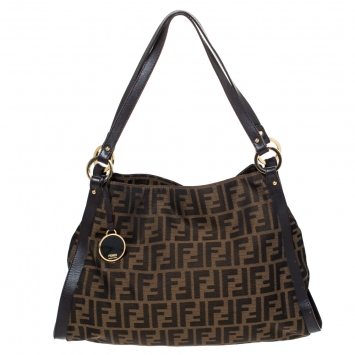 Pre Owned Fendi Tobacco Zucca Canvas and Leather Logo Charm Shoulder Bag