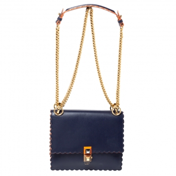 Pre Owned Fendi Navy Blue Leather Scalloped Kan I Shoulder Bag