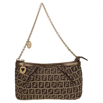 Pre Owned Fendi Brown Zucchino Canvas and Leather Studdded Baguette Bag