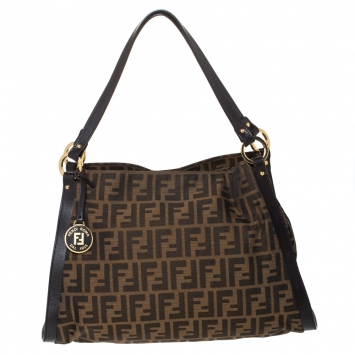 Pre Owned Fendi Tobacco Zucca Canvas and Leather Logo Charm Shoulder Bag