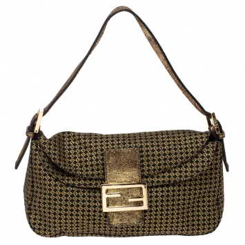 Pre Owned Fendi Gold/Black Printed Canvas Mama Baguette Bag