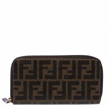 Pre Owned Fendi Tobacco Zucca Coated Canvas Zip Around Wallet