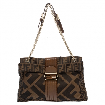 Pre Owned Fendi Tobacco Zucca Canvas and Leather Maxi Baguette Flap Shoulder Bag