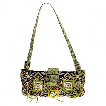 Pre Owned Fendi Multicolor Bead Embroidered Fabric and Lizard Mama Baguette Bag