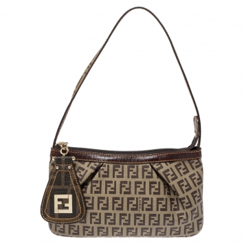 Pre Owned Fendi Brown/Beige Zucchino Coated Canvas and Leather Pochette Bag