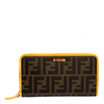 Pre Owned Fendi Tobacco/Yellow Zucca Coated Canvas Zip Around Continental Wallet