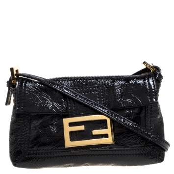 Pre Owned Fendi Black Crinkle Patent Leather Flap Baguette Crossbody Bag 