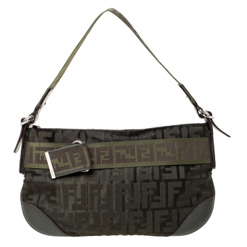 Pre Owned Fendi Green Zucca Nylon and Leather Pochette Bag