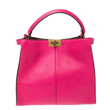 Pre Owned Fendi Magenta Leather Peekaboo X-Lite Top Handle Bag