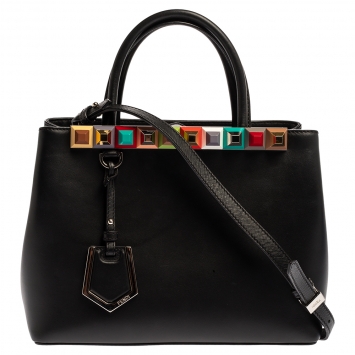 Pre Owned Fendi Black Leather Studded Petite 2Jours Tote