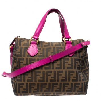 Pre Owned Fendi Tobacco/Magenta Zucca Canvas Forever Bauletto Boston Bag