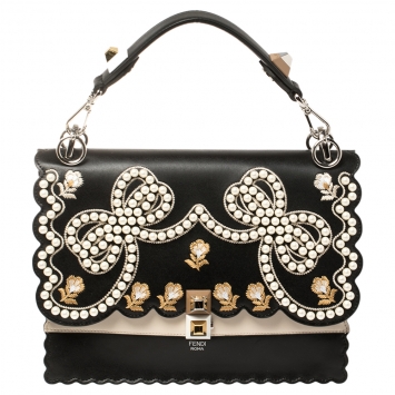 Pre Owned Fendi Black/Beige Embroidered Faux Pearl Leather Medium Kan I Pearl Top Handle Bag
