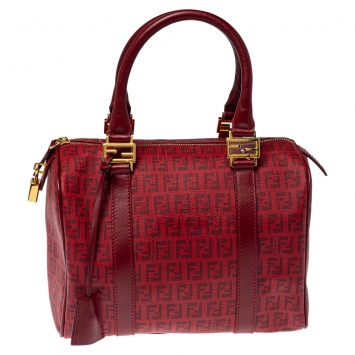 Pre Owned Fendi Red Zucchino Coated Canvas and Leather Small Forever Bauletto Boston Bag