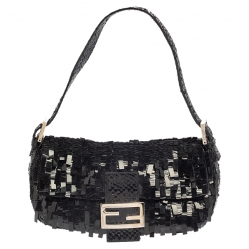 Pre Owned Fendi Black Sequins Paillettes and Snakeskin Mama Baguette Bag