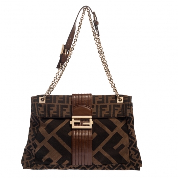Pre Owned Fendi Tobacco Zucca Canvas and Leather Maxi Baguette Flap Shoulder Bag