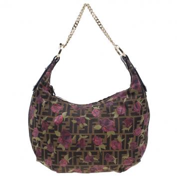 Pre Owned Fendi Brown Canvas Rose Print Zucca Chef Chain Hobo 