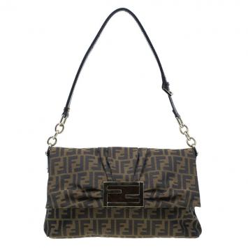 Pre Owned Fendi Brown Zucca Canvas Logo Jacquard Flap Bag