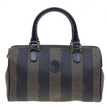 Pre Owned Fendi Black Pequin Tote Boston Bag