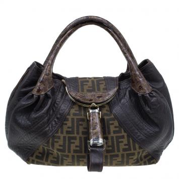 Pre Owned Fendi Brown Leather Canvas Limited Edition Tortoise Spy Bag 