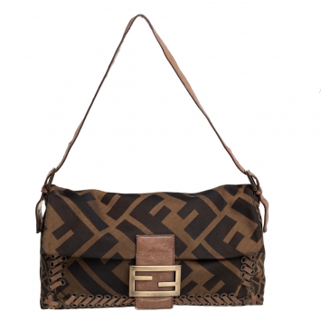 Pre Owned Fendi Tobacco Zucca Canvas and Leather Large Whipstitch Baguette Bag
