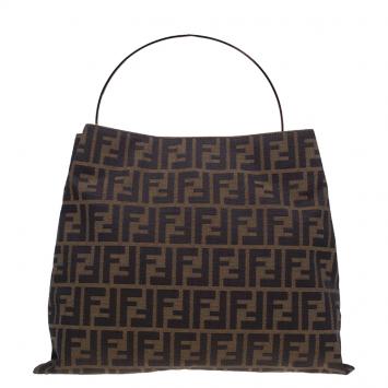Pre Owned Fendi Brown Zucca Metal Handle Tote Bag
