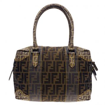 Pre Owned Fendi Brown Zucca Canvas Mixed Media Boston Bag