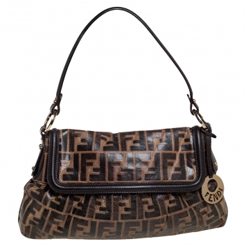 Pre Owned Fendi Brown Zucca Embossed Leather Chef Shoulder Bag