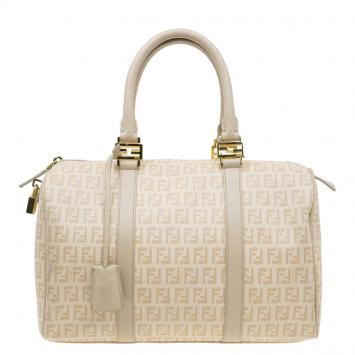 Pre Owned Fendi Beige Zucchino Coated Canvas Forever Bauletto Boston Bag