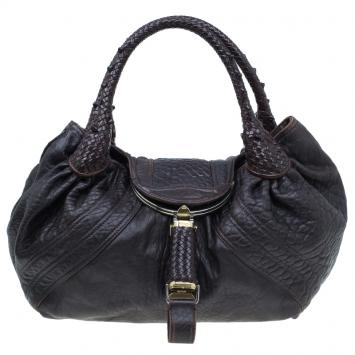 Pre Owned Fendi Dark Brown Leather Large Spy Hobo Bag
