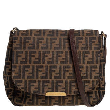 Pre Owned Fendi Tobacco Zucca Canvas and Leather Flap Crossbody Bag