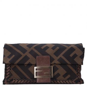 Pre Owned Fendi Tobacco Zucca Canvas Large Baguette Laced Clutch Bag