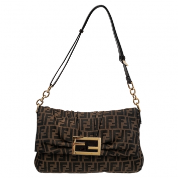 Pre Owned Fendi Tobacco Zucca Canvas and Patent Leather Mia Flap Shoulder Bag