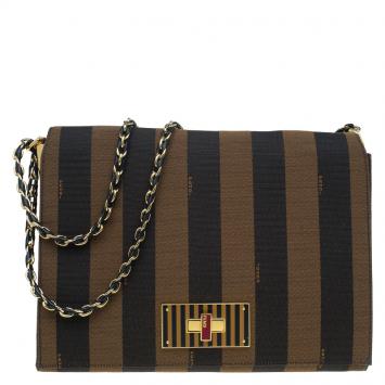 Pre Owned Fendi Tobacco Canvas Large Pequin Stripe Claudia Shoulder Bag