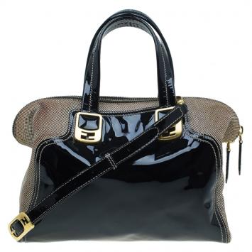 Pre Owned Fendi Black Patent Leather and Canvas Small Chameleon Satchel