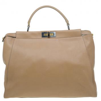 Pre Owned Fendi Brown Leather Python Lined Large Peekaboo Top Handle Bag
